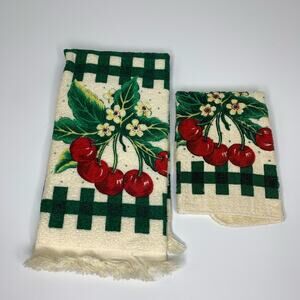 Vintage Kitchen Works Hand And Dish Towel Cherries 1990s Red Cream